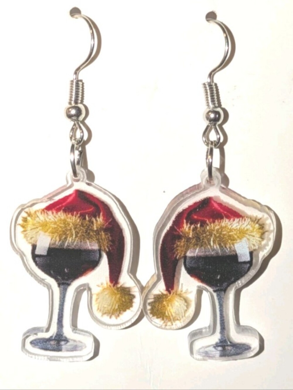 Hand Crafted Holiday Wine Glass Santa Hat Acrylic Dangle Earrings - Picture 6 of 6